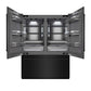 ZLINE 60 in. 32.2 cu. ft. French Door Built-In Bottom Freezer Refrigerator with Water Dispensers and Ice Makers in Black Stainless Steel with Graphite Gray Interior (GRBIV-BS-60) front, refrigeration compartment open.