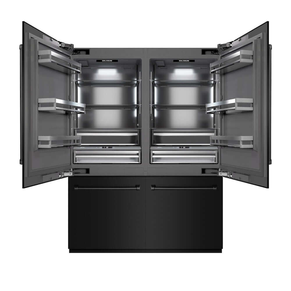 ZLINE 60 in. 32.2 cu. ft. French Door Built-In Bottom Freezer Refrigerator with Water Dispensers and Ice Makers in Black Stainless Steel with Graphite Gray Interior (GRBIV-BS-60) front, refrigeration compartment open.