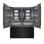 ZLINE 60 in. 32.2 cu. ft. French Door Built-In Bottom Freezer Refrigerator with Water Dispensers and Ice Makers in Black Stainless Steel with Graphite Gray Interior (GRBIV-BS-60) front, refrigeration compartment and bottom freezer drawers open.