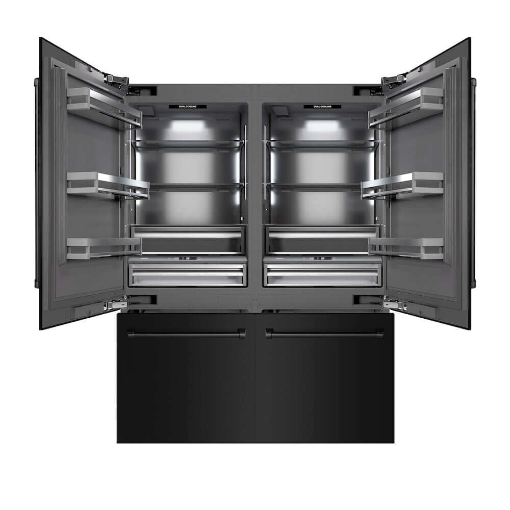 ZLINE 60 in. 32.2 cu. ft. French Door Built-In Bottom Freezer Refrigerator with Water Dispensers and Ice Makers in Black Stainless Steel with Graphite Gray Interior (GRBIV-BS-60) front, refrigeration compartment and bottom freezer drawers open.