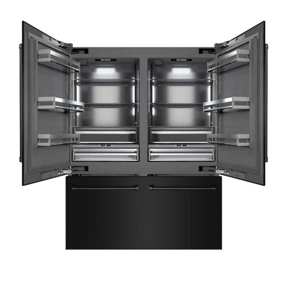 ZLINE 60 in. 32.2 cu. ft. French Door Built-In Bottom Freezer Refrigerator with Water Dispensers and Ice Makers in Black Stainless Steel with Graphite Gray Interior (GRBIV-BS-60) front, refrigeration compartment and bottom freezer drawers open.
