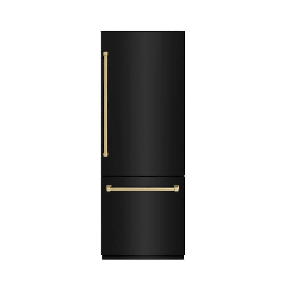 ZLINE Autograph Edition 30 in. 16.1 cu. ft. Built-In Bottom Freezer Refrigerator with Water Dispenser and Ice Maker in Black Stainless Steel with Graphite Gray Interior and Champagne Bronze Accents (GRBIVZ-BS-30-CB) front, closed.
