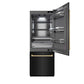 ZLINE Autograph Edition 30 in. 16.1 cu. ft. Built-In Bottom Freezer Refrigerator with Water Dispenser and Ice Maker in Black Stainless Steel with Graphite Gray Interior and Champagne Bronze Accents (GRBIVZ-BS-30-CB) front, refrigeration compartment open.