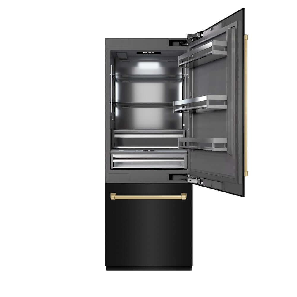 ZLINE Autograph Edition 30 in. 16.1 cu. ft. Built-In Bottom Freezer Refrigerator with Water Dispenser and Ice Maker in Black Stainless Steel with Graphite Gray Interior and Champagne Bronze Accents (GRBIVZ-BS-30-CB) front, refrigeration compartment open.
