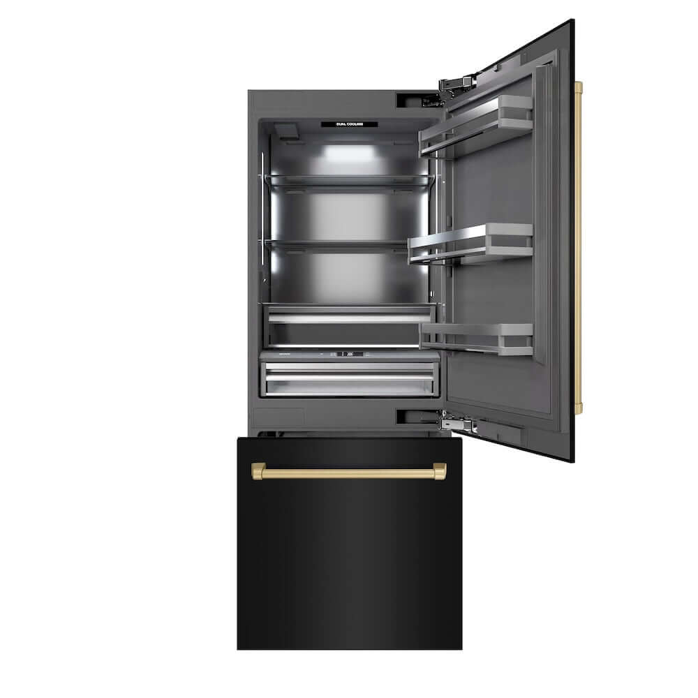 ZLINE Autograph Edition 30 in. 16.1 cu. ft. Built-In Bottom Freezer Refrigerator with Water Dispenser and Ice Maker in Black Stainless Steel with Graphite Gray Interior and Champagne Bronze Accents (GRBIVZ-BS-30-CB) main image.