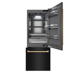 ZLINE Autograph Edition 30 in. 16.1 cu. ft. Built-In Bottom Freezer Refrigerator with Water Dispenser and Ice Maker in Black Stainless Steel with Graphite Gray Interior and Champagne Bronze Accents (GRBIVZ-BS-30-CB) front, refrigeration compartment and bottom freezer drawers open.
