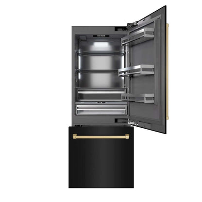 ZLINE Autograph Edition 30 in. 16.1 cu. ft. Built-In Bottom Freezer Refrigerator with Water Dispenser and Ice Maker in Black Stainless Steel with Graphite Gray Interior and Champagne Bronze Accents (GRBIVZ-BS-30-CB) front, refrigeration compartment and bottom freezer drawers open.