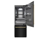ZLINE Autograph Edition 30 in. 16.1 cu. ft. Built-In Bottom Freezer Refrigerator with Water Dispenser and Ice Maker in Black Stainless Steel with Graphite Gray Interior and Polished Gold Accents (GRBIVZ-BS-30-G) front, refrigeration compartment open.