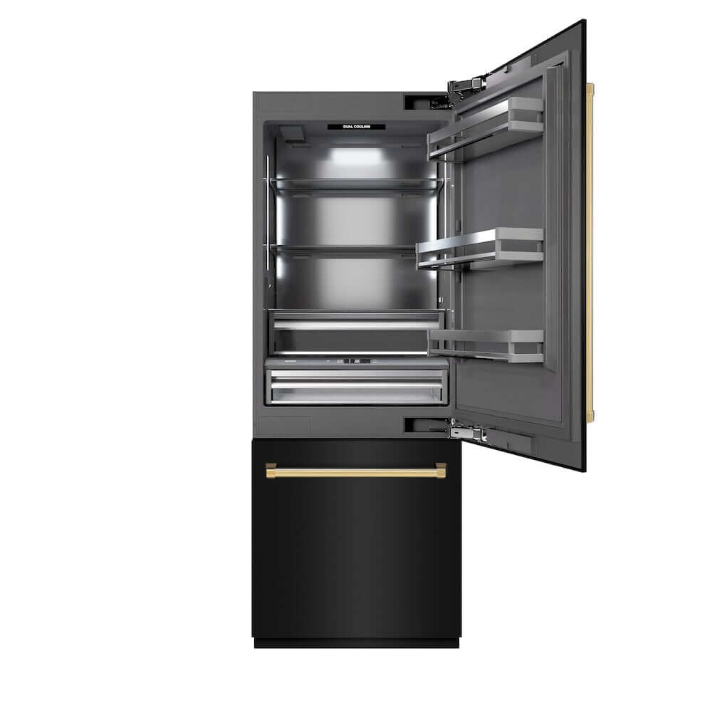 ZLINE Autograph Edition 30 in. 16.1 cu. ft. Built-In Bottom Freezer Refrigerator with Water Dispenser and Ice Maker in Black Stainless Steel with Graphite Gray Interior and Polished Gold Accents (GRBIVZ-BS-30-G) front, refrigeration compartment open.