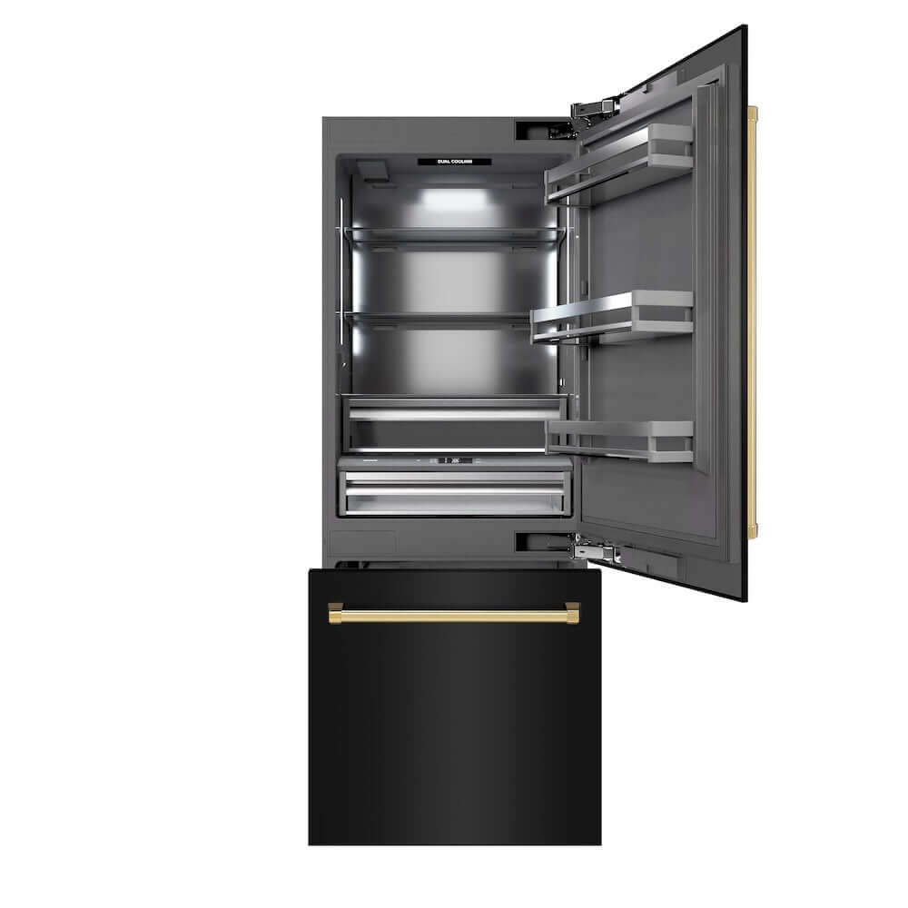 ZLINE Autograph Edition 30 in. 16.1 cu. ft. Built-In Bottom Freezer Refrigerator with Water Dispenser and Ice Maker in Black Stainless Steel with Graphite Gray Interior and Polished Gold Accents (GRBIVZ-BS-30-G) main image.