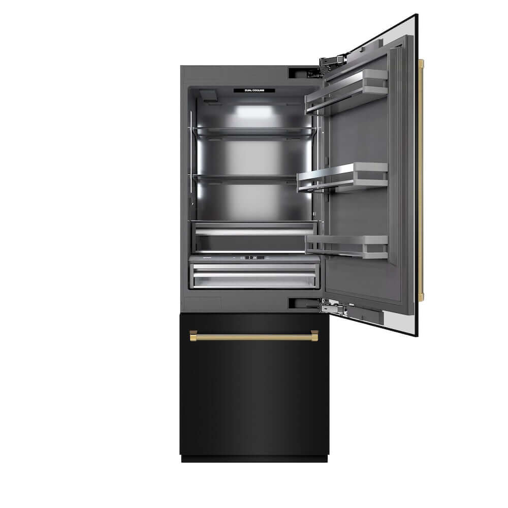 ZLINE Autograph Edition 30 in. 16.1 cu. ft. Built-In Bottom Freezer Refrigerator with Water Dispenser and Ice Maker in Black Stainless Steel with Graphite Gray Interior and Polished Gold Helix Handles (GRBIVZ-BS30KG) front, refrigeration compartment open.