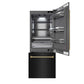 ZLINE Autograph Edition 30 in. 16.1 cu. ft. Built-In Bottom Freezer Refrigerator with Water Dispenser and Ice Maker in Black Stainless Steel with Graphite Gray Interior and Polished Gold Helix Handles (GRBIVZ-BS30KG) front, refrigeration compartment and bottom freezer open.