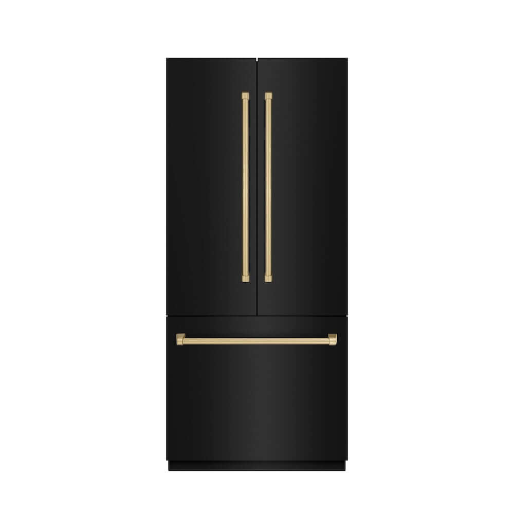 ZLINE Autograph Edition 36 in. 19.6 cu. ft. French Door Built-In Bottom Freezer Refrigerator with Water Dispenser and Ice Maker in Black Stainless Steel with Graphite Gray Interior and Champagne Bronze Accents (GRBIVZ-BS-36-CB) front, closed.