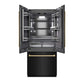 ZLINE Autograph Edition 36 in. 19.6 cu. ft. French Door Built-In Bottom Freezer Refrigerator with Water Dispenser and Ice Maker in Black Stainless Steel with Graphite Gray Interior and Champagne Bronze Accents (GRBIVZ-BS-36-CB) front, refrigeration compartment open.