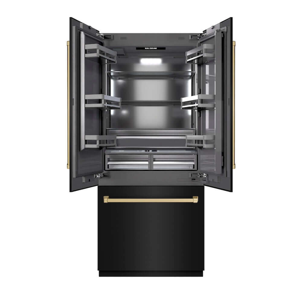ZLINE Autograph Edition 36 in. 19.6 cu. ft. French Door Built-In Bottom Freezer Refrigerator with Water Dispenser and Ice Maker in Black Stainless Steel with Graphite Gray Interior and Champagne Bronze Accents (GRBIVZ-BS-36-CB) front, refrigeration compartment open.