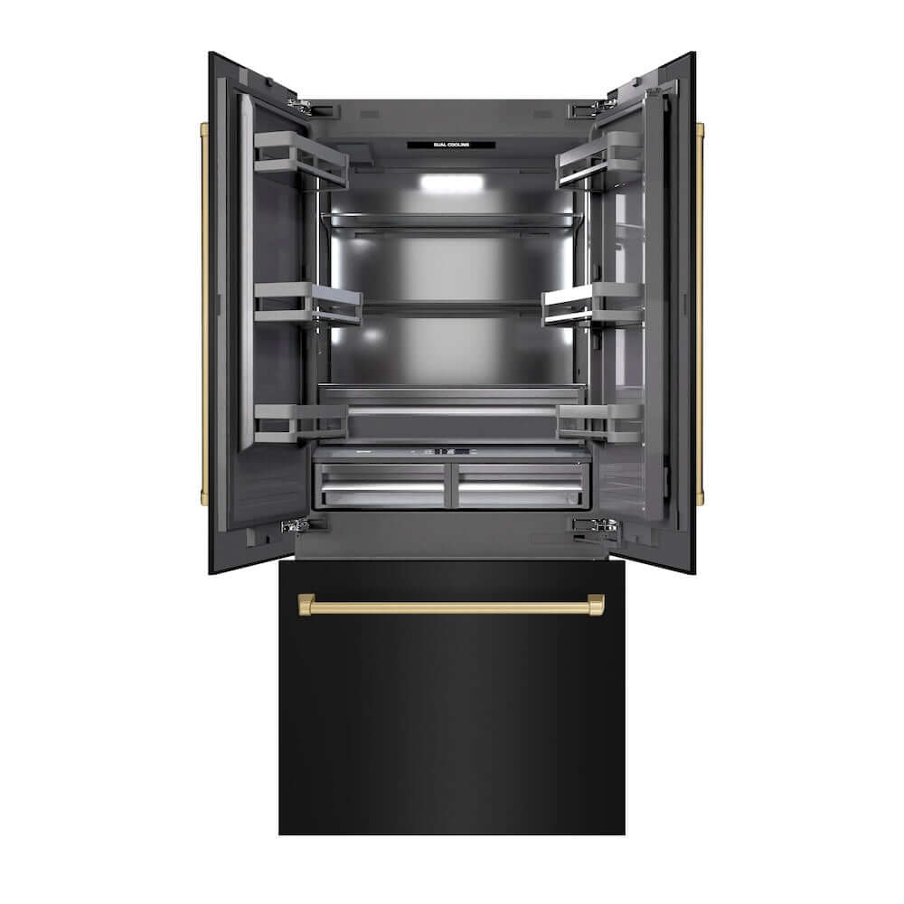 ZLINE Autograph Edition 36 in. 19.6 cu. ft. French Door Built-In Bottom Freezer Refrigerator with Water Dispenser and Ice Maker in Black Stainless Steel with Graphite Gray Interior and Champagne Bronze Accents (GRBIVZ-BS-36-CB) main image.