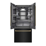 ZLINE Autograph Edition 36 in. 19.6 cu. ft. French Door Built-In Bottom Freezer Refrigerator with Water Dispenser and Ice Maker in Black Stainless Steel with Graphite Gray Interior and Champagne Bronze Accents (GRBIVZ-BS-36-CB) front, refrigeration compartment and bottom freezer drawers open.
