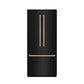 ZLINE Autograph Edition 36 in. 19.6 cu. ft. French Door Built-In Bottom Freezer Refrigerator with Water Dispenser and Ice Maker in Black Stainless Steel with Graphite Gray Interior and Polished Gold Accents (GRBIVZ-BS-36-G) front, closed.