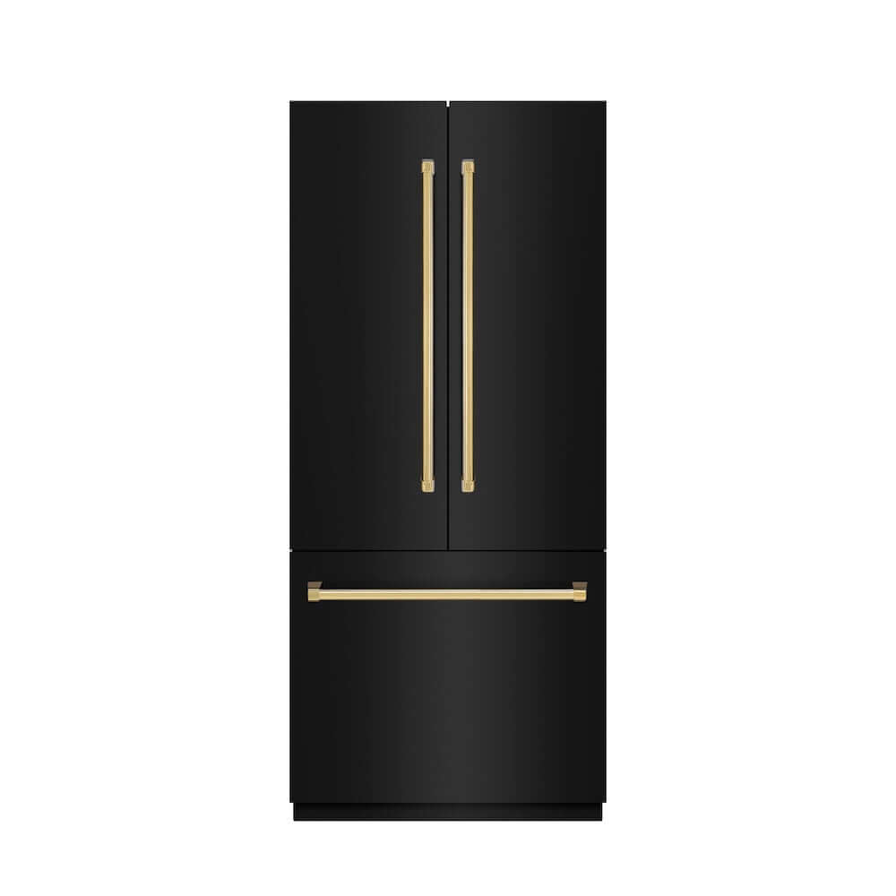 ZLINE Autograph Edition 36 in. 19.6 cu. ft. French Door Built-In Bottom Freezer Refrigerator with Water Dispenser and Ice Maker in Black Stainless Steel with Graphite Gray Interior and Polished Gold Accents (GRBIVZ-BS-36-G) front, closed.