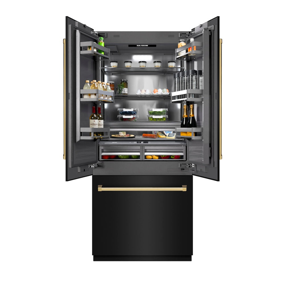 ZLINE Autograph Edition 36 in. 19.6 cu. ft. French Door Built-In Bottom Freezer Refrigerator with Water Dispenser and Ice Maker in Black Stainless Steel with Graphite Gray Interior and Polished Gold Accents (GRBIVZ-BS-36-G)