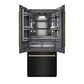 ZLINE Autograph Edition 36 in. 19.6 cu. ft. French Door Built-In Bottom Freezer Refrigerator with Water Dispenser and Ice Maker in Black Stainless Steel with Graphite Gray Interior and Polished Gold Accents (GRBIVZ-BS-36-G) front, refrigeration compartment open.