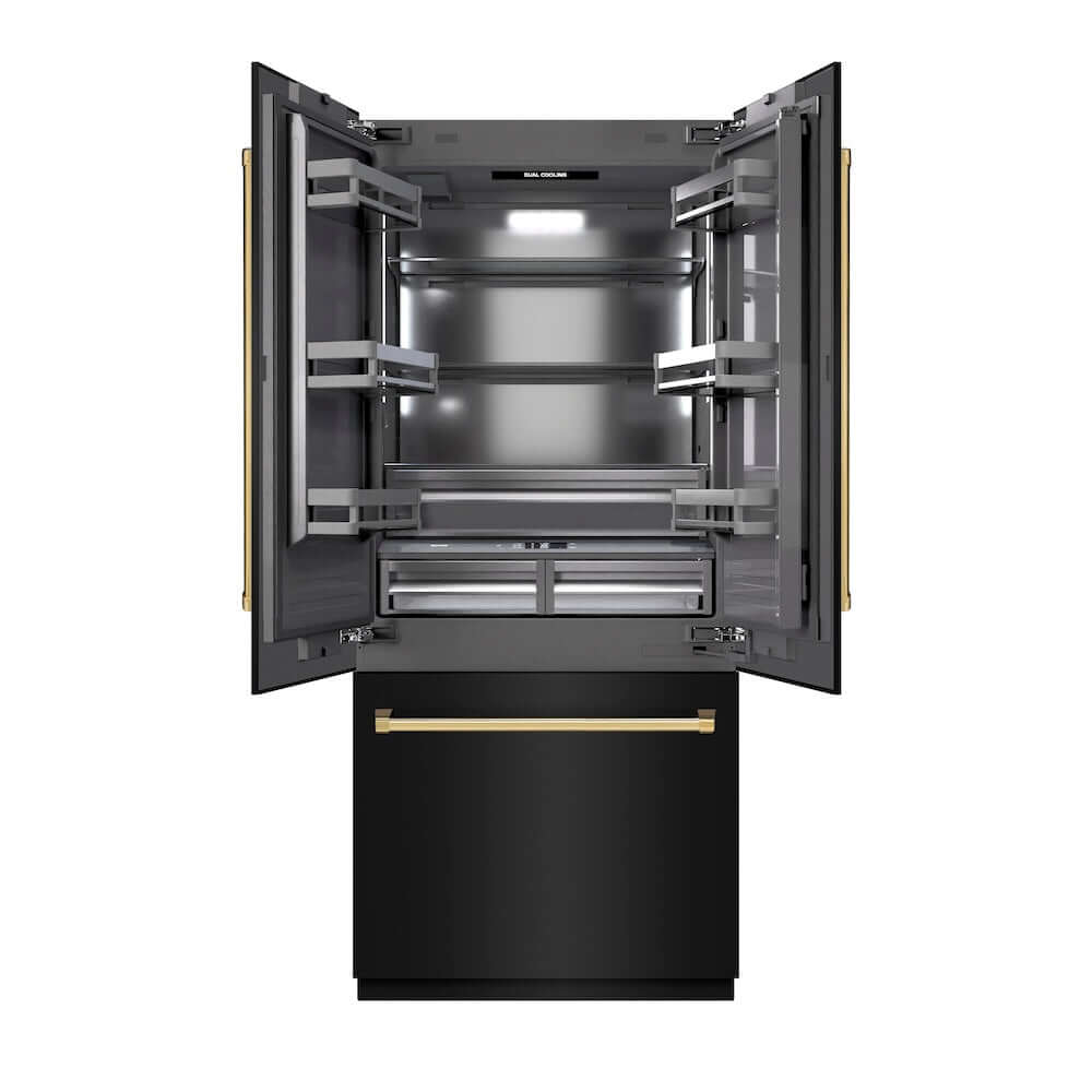 ZLINE Autograph Edition 36 in. 19.6 cu. ft. French Door Built-In Bottom Freezer Refrigerator with Water Dispenser and Ice Maker in Black Stainless Steel with Graphite Gray Interior and Polished Gold Accents (GRBIVZ-BS-36-G) front, refrigeration compartment open.