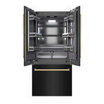 ZLINE Autograph Edition 36 in. 19.6 cu. ft. French Door Built-In Bottom Freezer Refrigerator with Water Dispenser and Ice Maker in Black Stainless Steel with Graphite Gray Interior and Polished Gold Accents (GRBIVZ-BS-36-G) front, refrigeration compartment and bottom freezer drawers open.