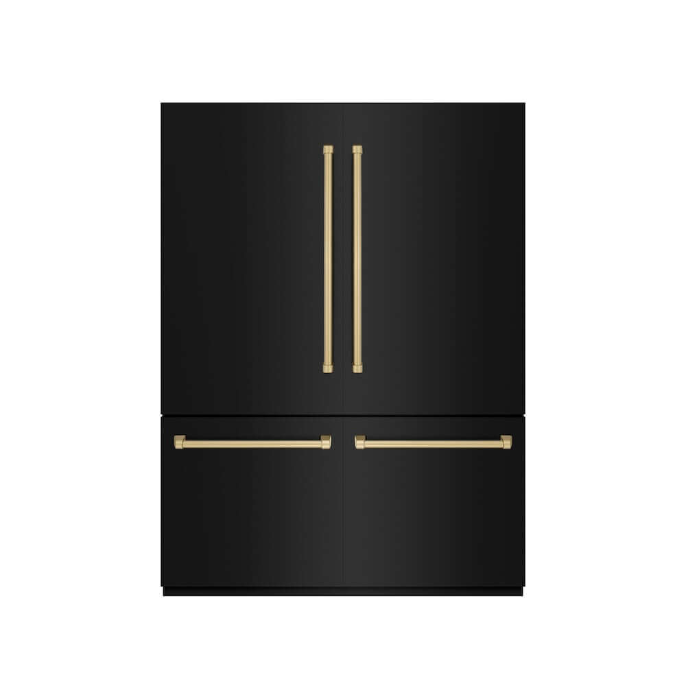 ZLINE Autograph Edition 60 in. 32.2 cu. ft. French Door Built-In Bottom Freezer Refrigerator with Water Dispenser and Ice Maker in Black Stainless Steel with Graphite Gray Interior and Champagne Bronze Accents (GRBIVZ-BS-60-CB) front, closed.