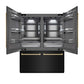ZLINE Autograph Edition 60 in. 32.2 cu. ft. French Door Built-In Bottom Freezer Refrigerator with Water Dispenser and Ice Maker in Black Stainless Steel with Graphite Gray Interior and Champagne Bronze Accents (GRBIVZ-BS-60-CB) front, refrigeration compartment open.