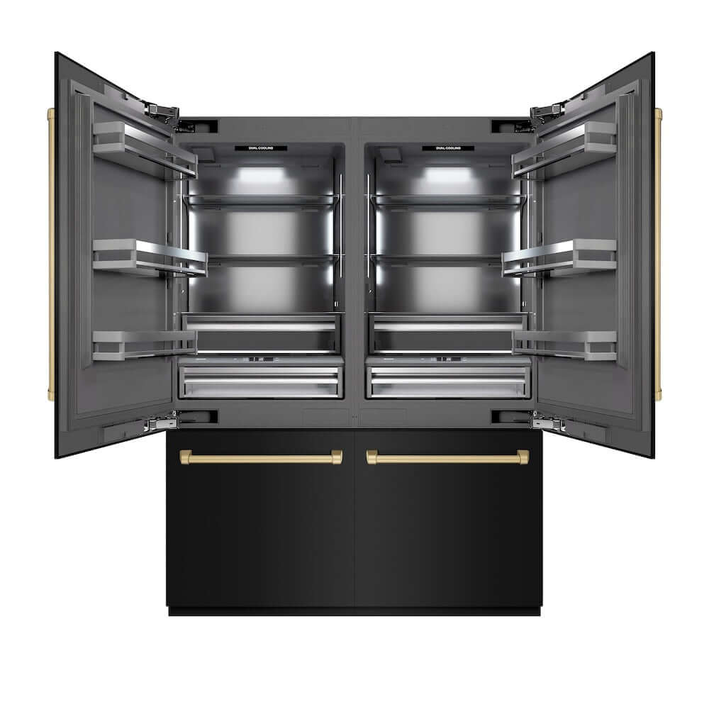 ZLINE Autograph Edition 60 in. 32.2 cu. ft. French Door Built-In Bottom Freezer Refrigerator with Water Dispenser and Ice Maker in Black Stainless Steel with Graphite Gray Interior and Champagne Bronze Accents (GRBIVZ-BS-60-CB) front, refrigeration compartment open.