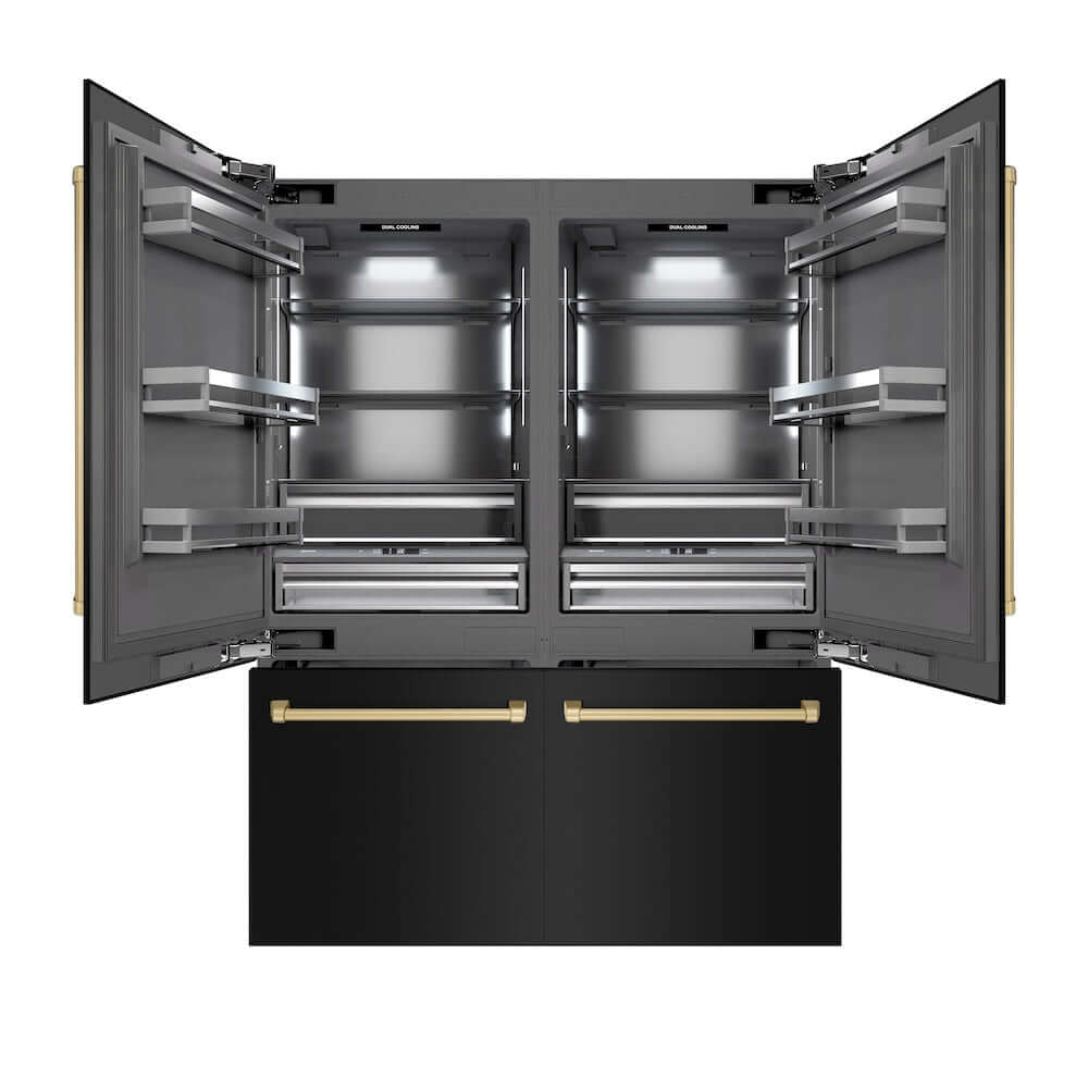 ZLINE Autograph Edition 60 in. 32.2 cu. ft. French Door Built-In Bottom Freezer Refrigerator with Water Dispenser and Ice Maker in Black Stainless Steel with Graphite Gray Interior and Champagne Bronze Accents (GRBIVZ-BS-60-CB) main image.