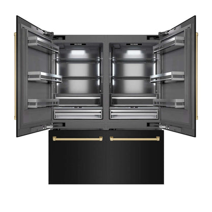 ZLINE Autograph Edition 60 in. 32.2 cu. ft. French Door Built-In Bottom Freezer Refrigerator with Water Dispenser and Ice Maker in Black Stainless Steel with Graphite Gray Interior and Champagne Bronze Accents (GRBIVZ-BS-60-CB) front, refrigeration compartment and bottom freezer drawers open.