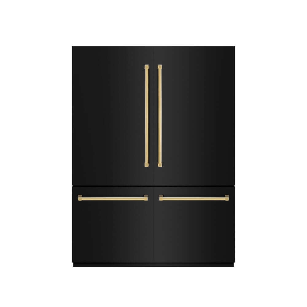ZLINE Autograph Edition 60 in. 32.2 cu. ft. French Door Built-In Bottom Freezer Refrigerator with Water Dispenser and Ice Maker in Black Stainless Steel with Graphite Gray Interior and Polished Gold Accents (GRBIVZ-BS-60-G) front, closed.