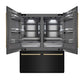 ZLINE Autograph Edition 60 in. 32.2 cu. ft. French Door Built-In Bottom Freezer Refrigerator with Water Dispenser and Ice Maker in Black Stainless Steel with Graphite Gray Interior and Polished Gold Accents (GRBIVZ-BS-60-G) front, refrigeration compartment open.