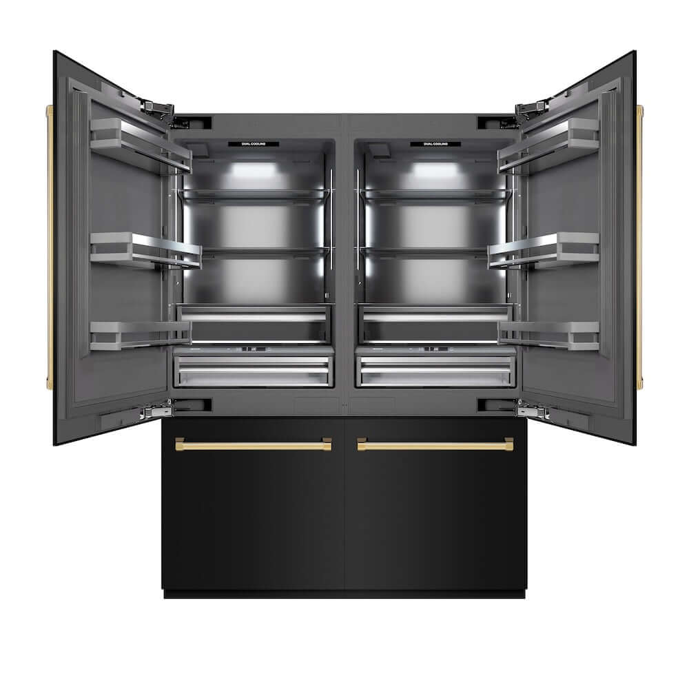 ZLINE Autograph Edition 60 in. 32.2 cu. ft. French Door Built-In Bottom Freezer Refrigerator with Water Dispenser and Ice Maker in Black Stainless Steel with Graphite Gray Interior and Polished Gold Accents (GRBIVZ-BS-60-G) front, refrigeration compartment open.