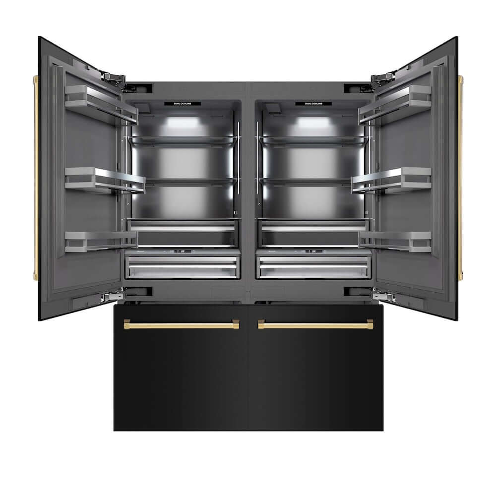 ZLINE Autograph Edition 60 in. 32.2 cu. ft. French Door Built-In Bottom Freezer Refrigerator with Water Dispenser and Ice Maker in Black Stainless Steel with Graphite Gray Interior and Polished Gold Accents (GRBIVZ-BS-60-G) main image.