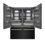 ZLINE Autograph Edition 60 in. 32.2 cu. ft. French Door Built-In Bottom Freezer Refrigerator with Water Dispenser and Ice Maker in Black Stainless Steel with Graphite Gray Interior and Polished Gold Accents (GRBIVZ-BS-60-G) front, refrigeration compartment and bottom freezer drawers open.