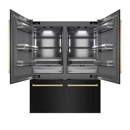 ZLINE Autograph Edition 60 in. 32.2 cu. ft. French Door Built-In Bottom Freezer Refrigerator with Water Dispenser and Ice Maker in Black Stainless Steel with Graphite Gray Interior and Polished Gold Accents (GRBIVZ-BS-60-G) front, refrigeration compartment and bottom freezer drawers open.