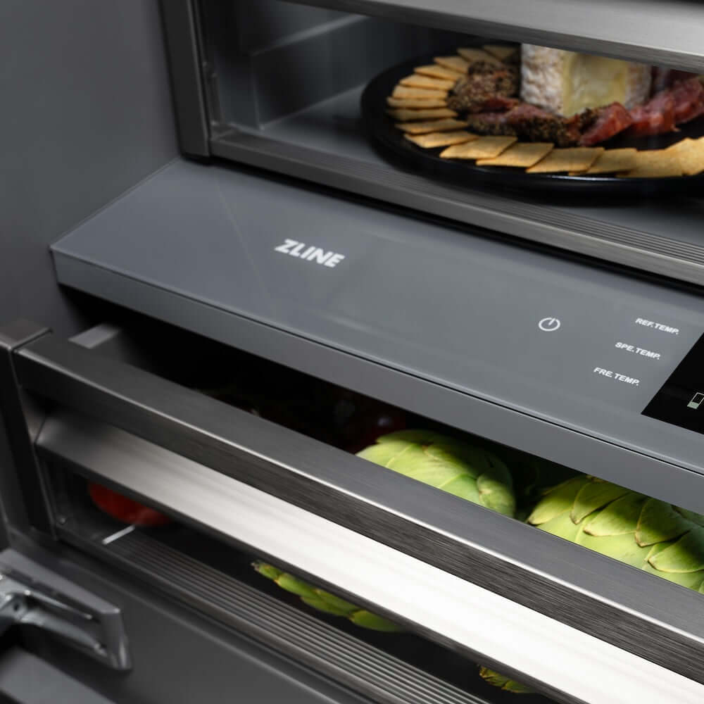 ZLINE Autograph Edition 60 in. 32.2 cu. ft. French Door Built-In Bottom Freezer Refrigerator with Water Dispenser and Ice Maker in Black Stainless Steel with Graphite Gray Interior and Polished Gold Helix Handles (GRBIVZ-BS60KG) flex drawers and shelves displaying various food items.