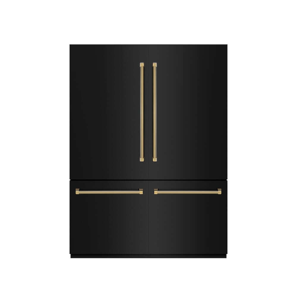 ZLINE Autograph Edition 60 in. 32.2 cu. ft. French Door Built-In Bottom Freezer Refrigerator with Water Dispenser and Ice Maker in Black Stainless Steel with Graphite Gray Interior and Polished Gold Helix Handles (GRBIVZ-BS60KG) front, closed.