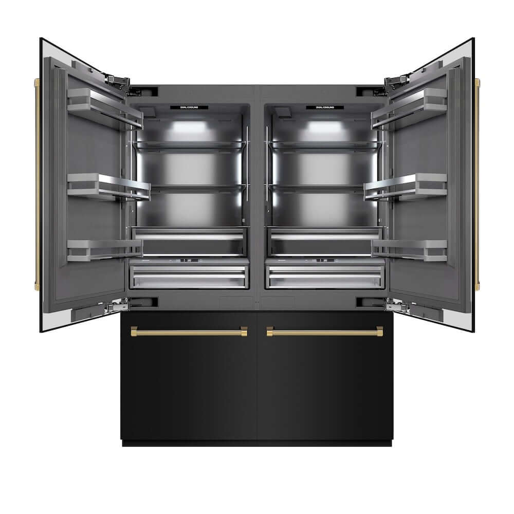 ZLINE Autograph Edition 60 in. 32.2 cu. ft. French Door Built-In Bottom Freezer Refrigerator with Water Dispenser and Ice Maker in Black Stainless Steel with Graphite Gray Interior and Polished Gold Helix Handles (GRBIVZ-BS60KG) front, refrigeration compartment open.