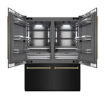 ZLINE Autograph Edition 60 in. 32.2 cu. ft. French Door Built-In Bottom Freezer Refrigerator with Water Dispenser and Ice Maker in Black Stainless Steel with Graphite Gray Interior and Polished Gold Helix Handles (GRBIVZ-BS60KG) front, refrigeration compartment open.