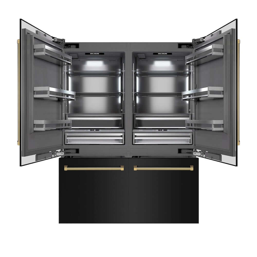 ZLINE Autograph Edition 60 in. 32.2 cu. ft. French Door Built-In Bottom Freezer Refrigerator with Water Dispenser and Ice Maker in Black Stainless Steel with Graphite Gray Interior and Polished Gold Helix Handles (GRBIVZ-BS60KG) front, refrigeration compartment and bottom freezer open.