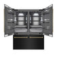 ZLINE Autograph Edition 60 in. 32.2 cu. ft. French Door Built-In Bottom Freezer Refrigerator with Water Dispenser and Ice Maker in Black Stainless Steel with Graphite Gray Interior and Polished Gold Helix Handles (GRBIVZ-BS60KG) front, refrigeration compartment and bottom freezer open.