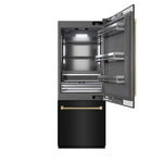 ZLINE Autograph Edition 30 in. 16.1 cu. ft. Built-In Bottom Freezer Refrigerator with Water Dispenser and Ice Maker in Black Stainless Steel with Graphite Gray Interior and Champagne Bronze Helix Handles (GRBIVZ-BS30KCB) front, refrigeration compartment open.