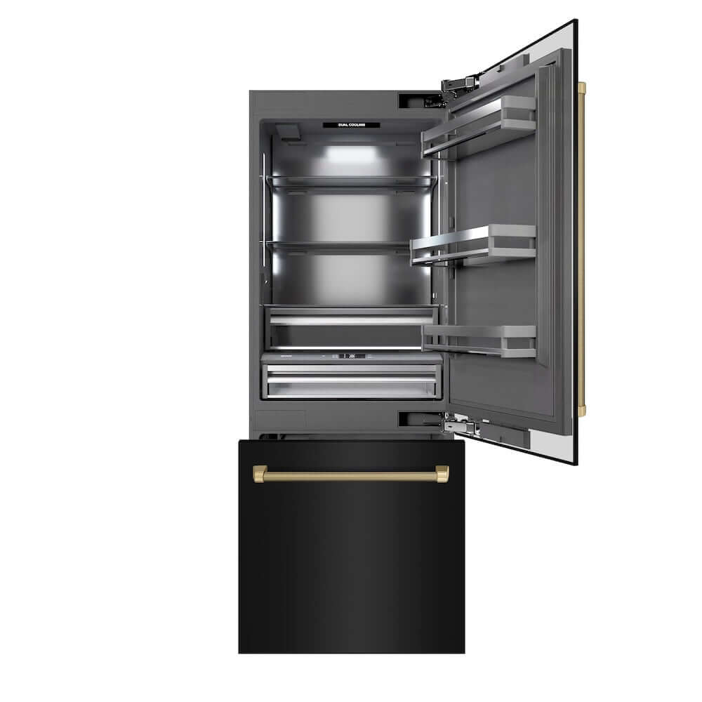 ZLINE Autograph Edition 30 in. 16.1 cu. ft. Built-In Bottom Freezer Refrigerator with Water Dispenser and Ice Maker in Black Stainless Steel with Graphite Gray Interior and Champagne Bronze Helix Handles (GRBIVZ-BS30KCB) front, refrigeration compartment and bottom freezer open.