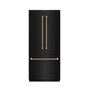 ZLINE Autograph Edition 36 in. 19.6 cu. ft. French Door Built-In Bottom Freezer Refrigerator with Water Dispenser and Ice Maker in Black Stainless Steel with Graphite Gray Interior and Champagne Bronze Helix Handles (GRBIVZ-BS36KCB) front, closed.