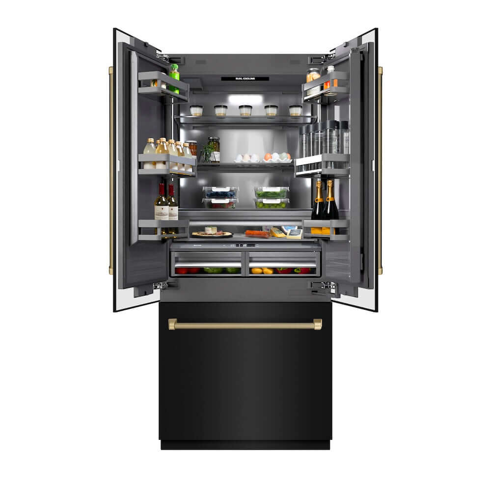 ZLINE Autograph Edition 36 in. 19.6 cu. ft. French Door Built-In Bottom Freezer Refrigerator with Water Dispenser and Ice Maker in Black Stainless Steel with Graphite Gray Interior and Champagne Bronze Helix Handles (GRBIVZ-BS36KCB) main image.