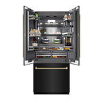 ZLINE Autograph Edition 36 in. 19.6 cu. ft. French Door Built-In Bottom Freezer Refrigerator with Water Dispenser and Ice Maker in Black Stainless Steel with Graphite Gray Interior and Champagne Bronze Helix Handles (GRBIVZ-BS36KCB) front, open, displaying various food items on a white background.
