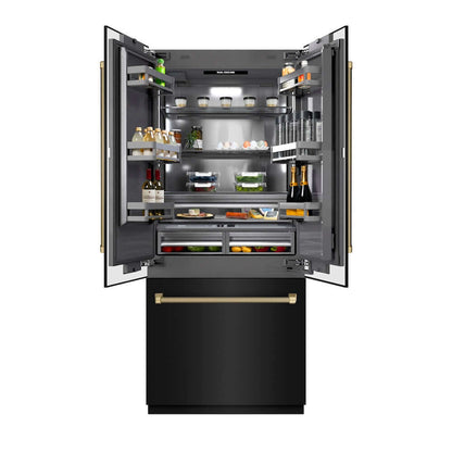 ZLINE Autograph Edition 36 in. 19.6 cu. ft. French Door Built-In Bottom Freezer Refrigerator with Water Dispenser and Ice Maker in Black Stainless Steel with Graphite Gray Interior and Champagne Bronze Helix Handles (GRBIVZ-BS36KCB) front, open, displaying various food items on a white background.